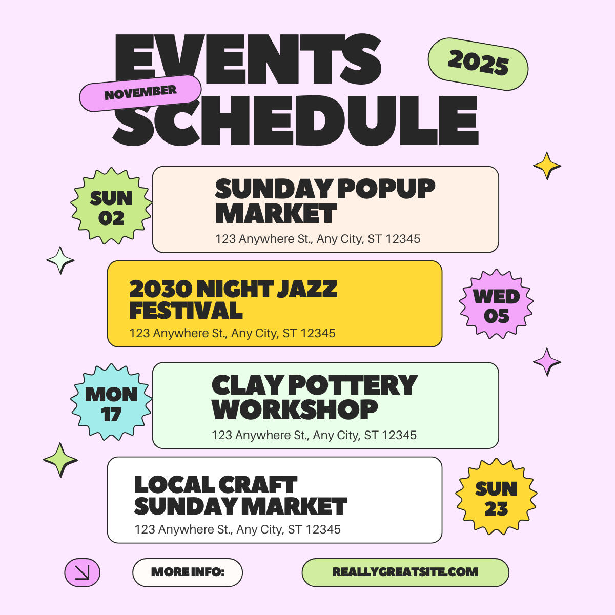 Portfolio Flyer Flyer for Sunday Market in bright pastels with bold font.